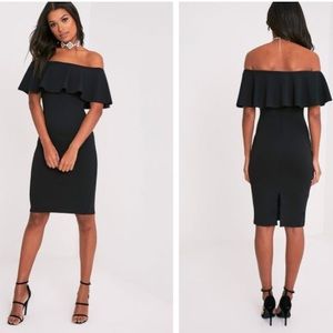 PLT Celinea Black Bardot Frill Midi Dress Sz 10